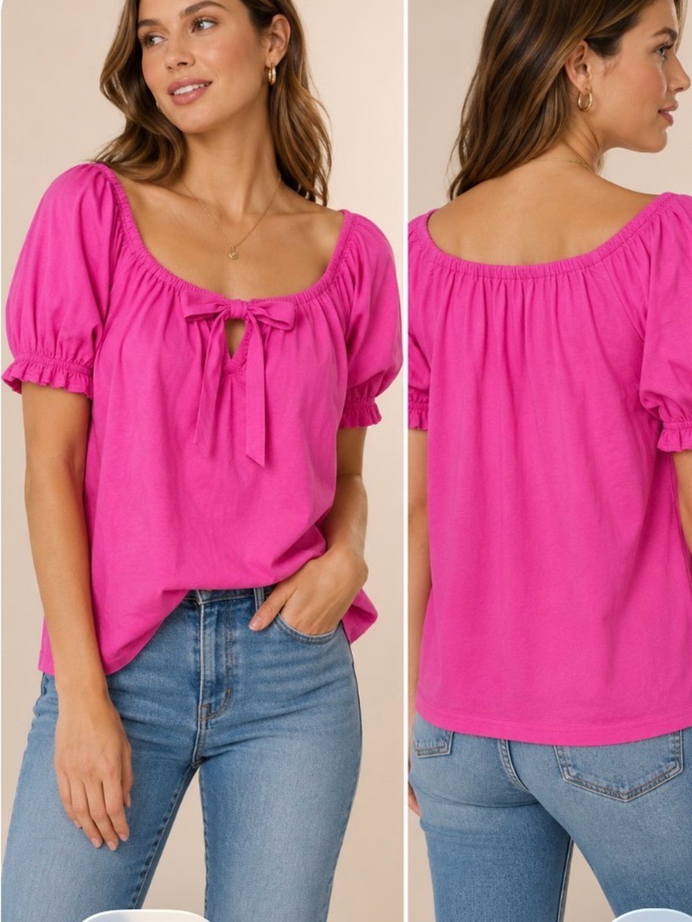 J.Crew Puff Sleeve Top Women XXL Pink Excellent Bow Front Peasant Blouse